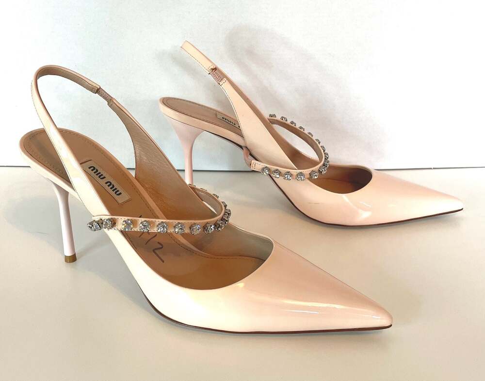 Miu Miu Light Pink Patent Leather Crystal Embellished Slingback Pumps Heel Sz 40 - Picture 7 of 7